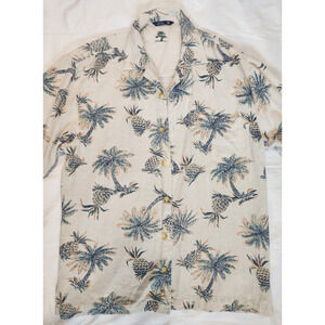 Bugle Boy Men Button Up Shirt M 100% Silk Textured Palm Pineapples Pocket Collar